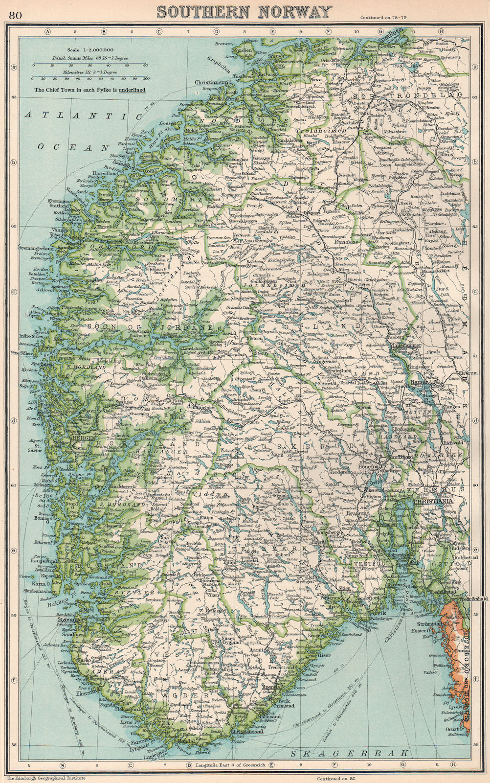 NORWAY. Southern Norway. BARTHOLOMEW 1924 old antique vintage map plan chart